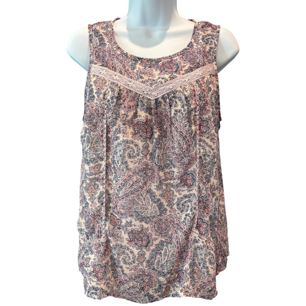 Lucky Brand Sleeveless Paisley Boho Lace Trim Top | Women's Small